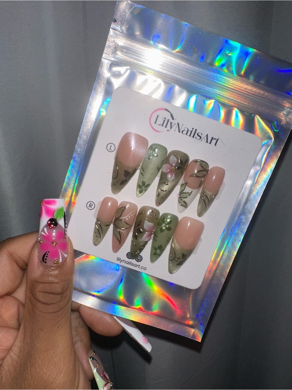 Olive Green & Nude Floral Press-On Nail Set